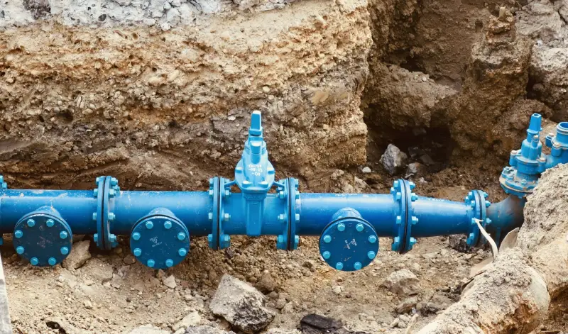 An exposed pipe in an excavated trench